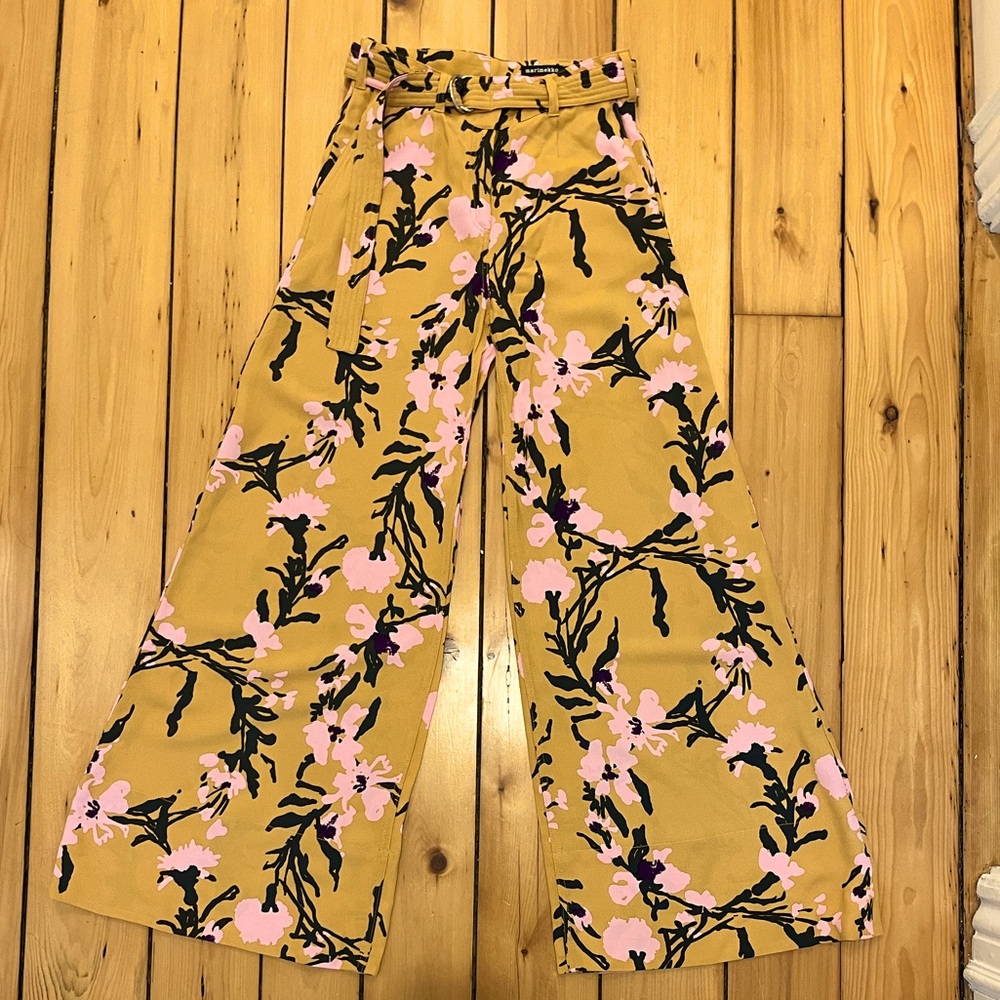 Marimekko silk wide leg pants, tan/pink floral, size 6